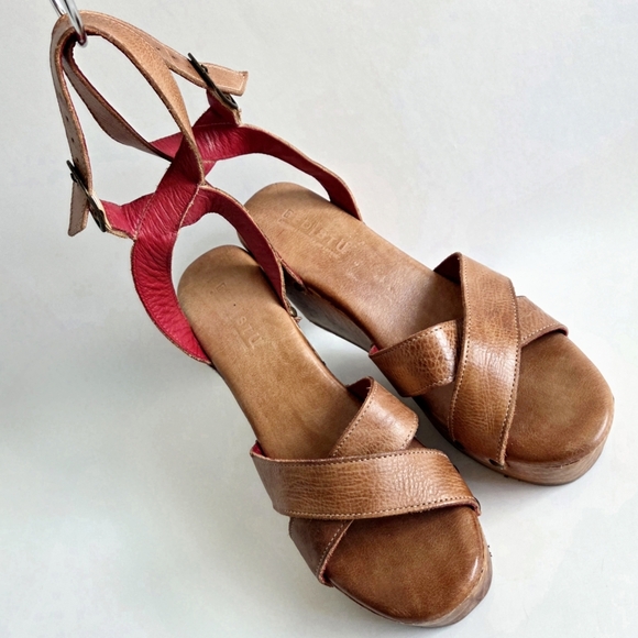 Bed Stu Wood Wedge Sandals With Neutral Leather Uppers, Ankle Strap, Studs, 9.5 - Picture 2 of 16
